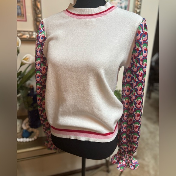 FATE Anthropologie Crew Neck White Sweater with Silky Patterned Sleeves Sz M - Picture 6 of 12